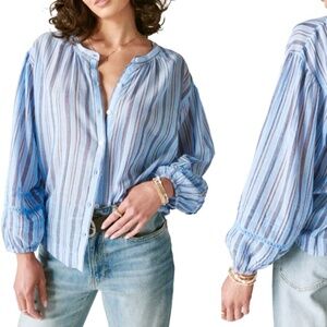 Lucky Brand Blue Stripe Button Front Peasant Blouse
